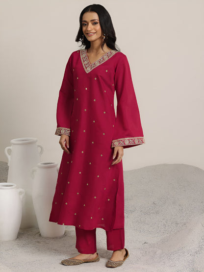Ethnic Motifs Embroidered V-Neck Straight Kurta With Trousers & Dupatta