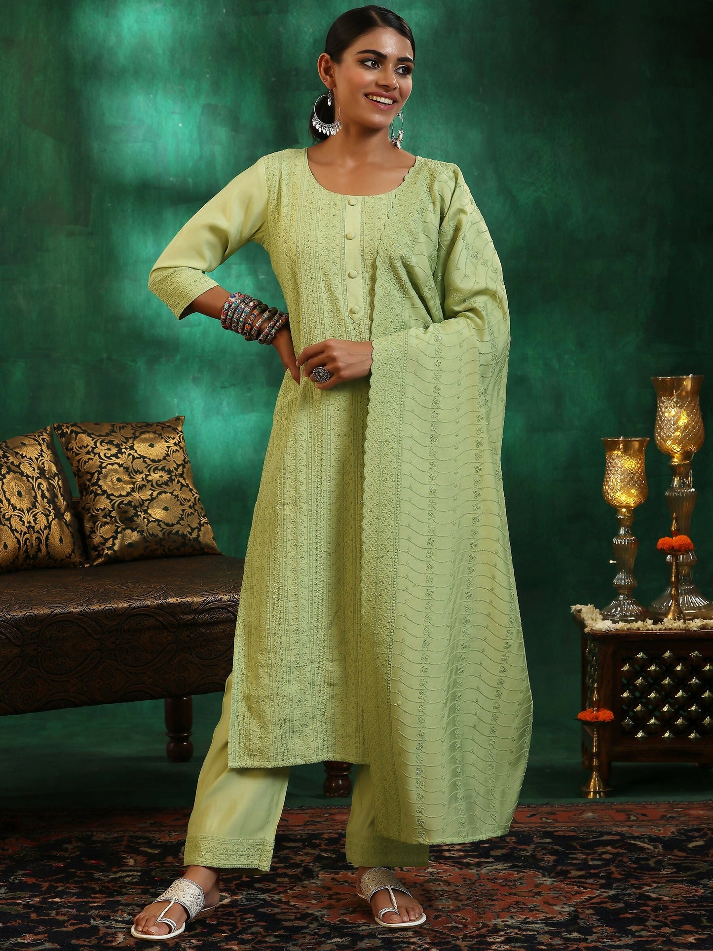 Women's LB Green Embroidered Silk Blend Straight Suit With Dupatta