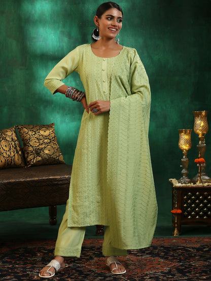 Women's LB Green Embroidered Silk Blend Straight Suit With Dupatta