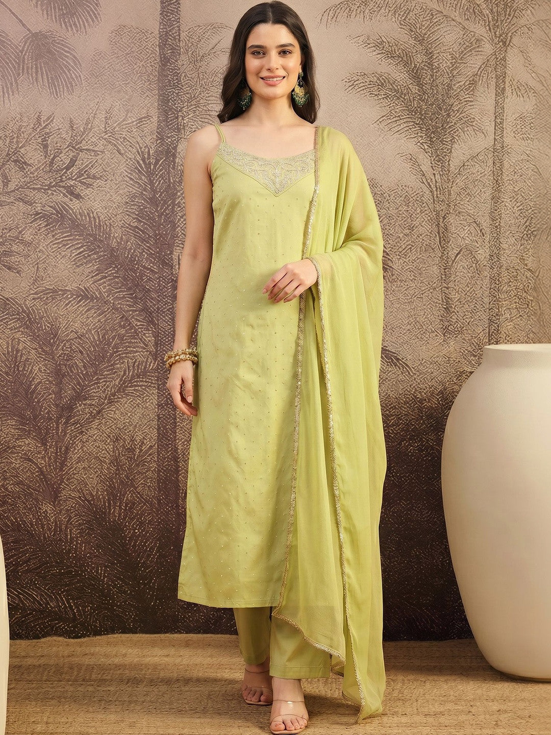Embroidered Silk Blend Round Neck Kurta & Pyjamas With Dupatta