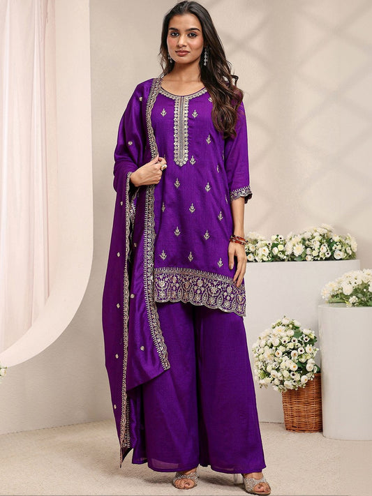 Purple Embroidered Straight Suit Set with Dupatta