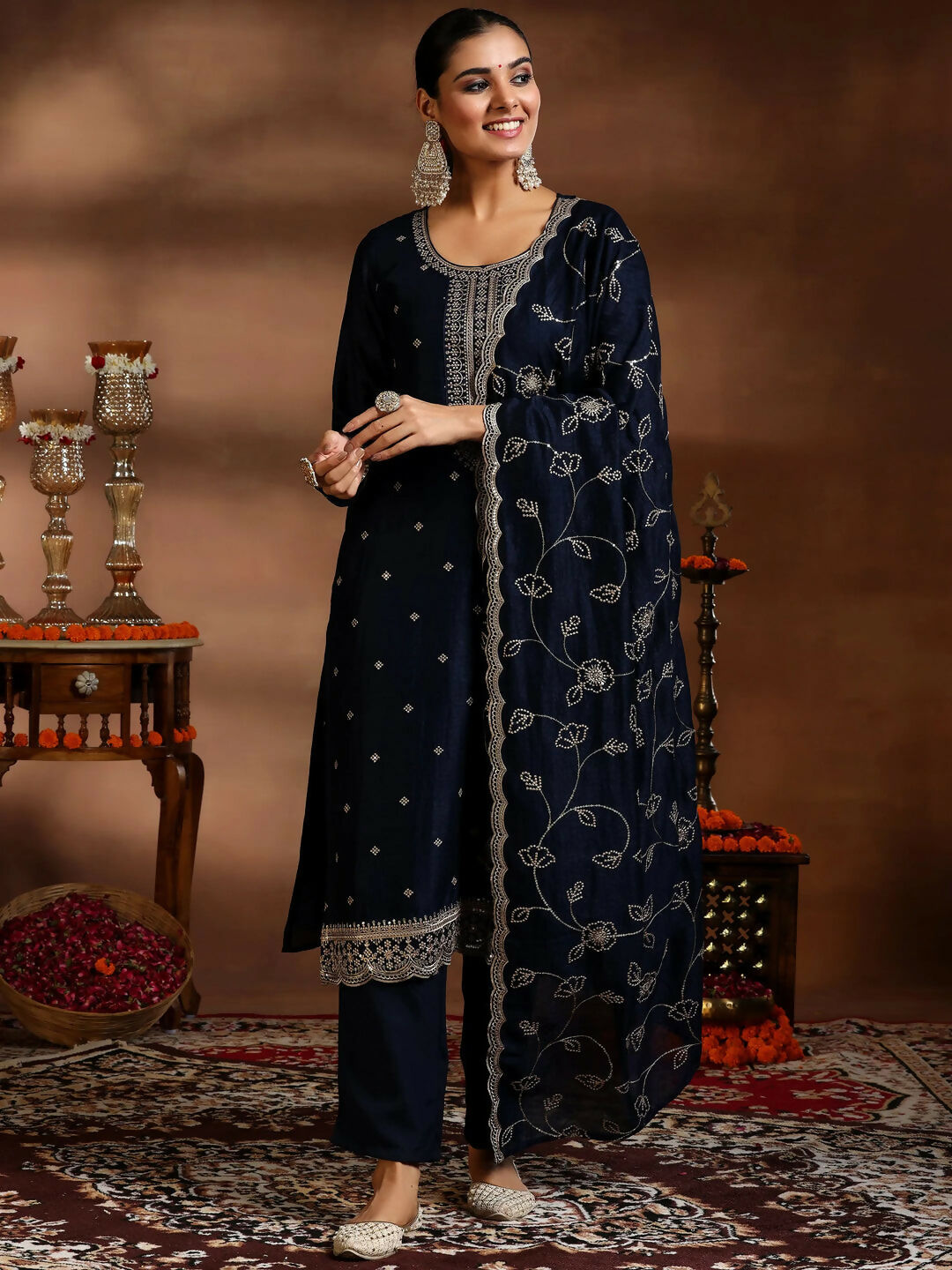 Women's LB Blue Embroidered Silk Blend Straight Suit With Dupatta