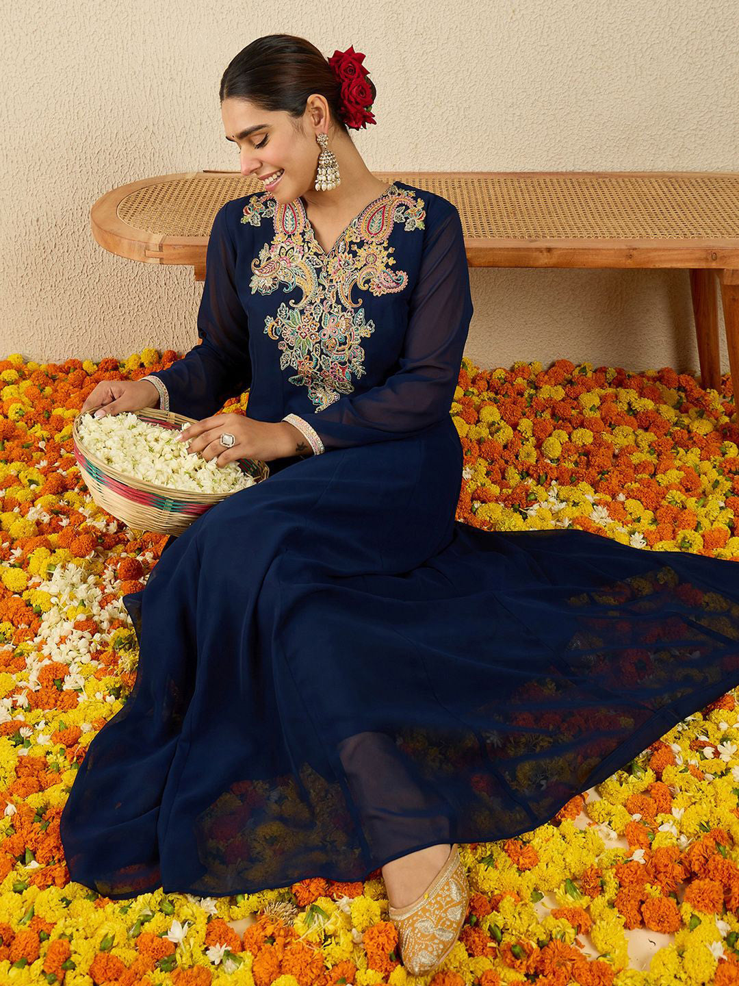 Paisley Embroidered V-Neck Georgette Anarkali Kurta with Trousers