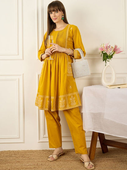 Flral Embroidered Pleated Thread Work Pure Cotton A-Line Kurta With Trousers