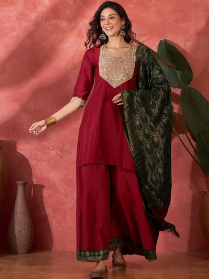 Floral Embroidered V-Neck Sequinned Kurta With Palazzos & Dupatta