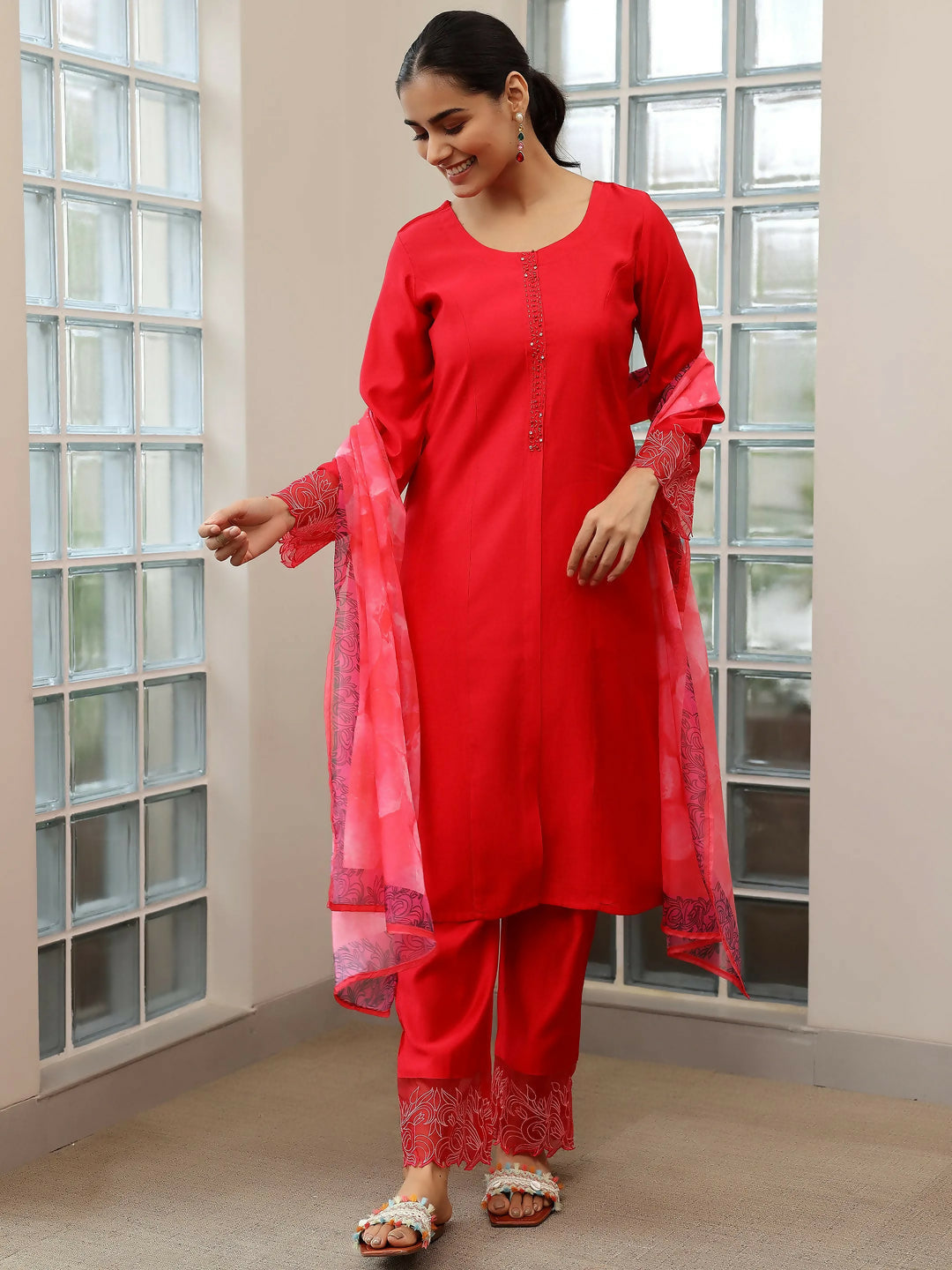 Women's LB Red Yoke Design Silk Blend Straight Suit With Dupatta