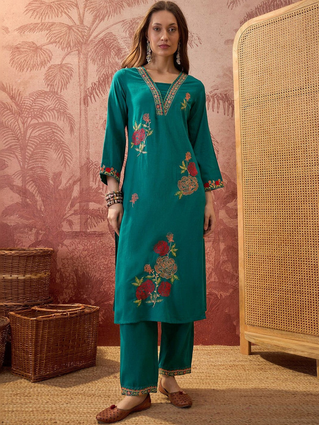 Embroidered Square Neck Kurta & Trousers With Dupatta