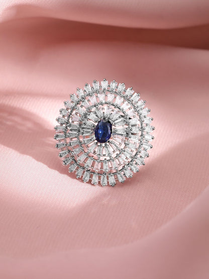 Dhiyona RJ Women's Rhodium-Plated Blue Sapphire & Zirconia Studded Adjustable Finger Ring