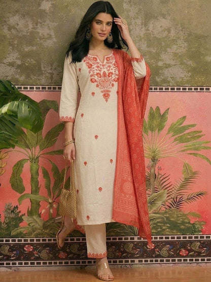 Embroidered Pure Cotton Round Neck Kurta & Trousers With Dupatta