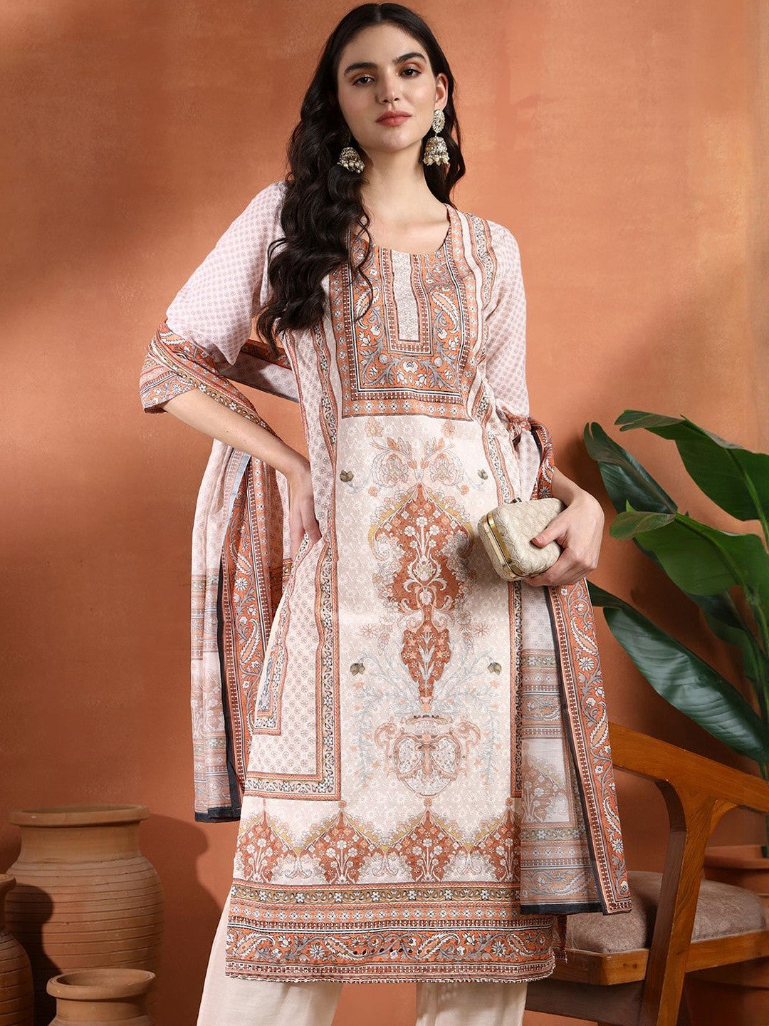 Ethnic Motifs Printed Pure Cotton Straight Kurta with Trouser & Dupatta