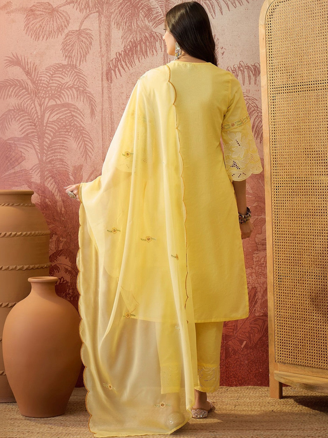 Embroidered Pure Cotton V-Neck Kurta & Trousers Kurta Set
