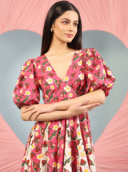 Dhiyona AY Women's Floral Print Puff Sleeve Fit & Flare Mini Dress