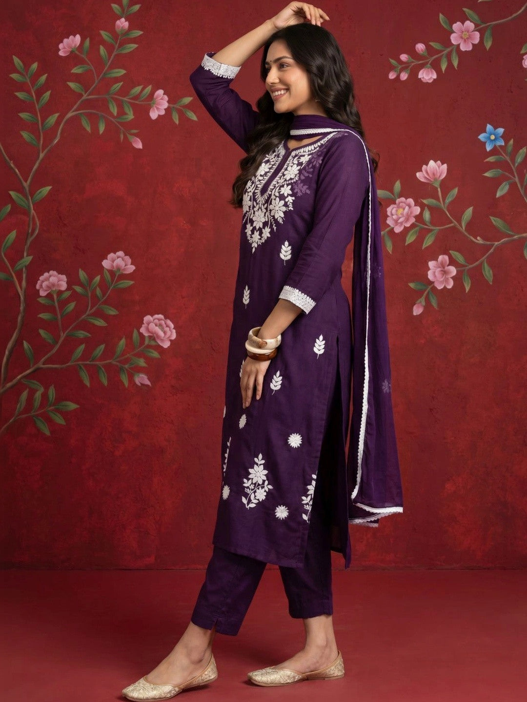 Women Ethnic Motifs Embroidered Regular Thread Work Kurta with Trousers & With Dupatta