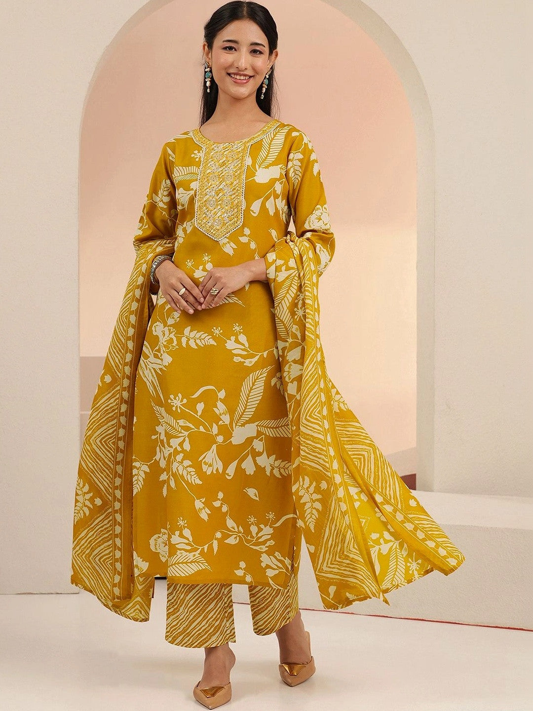 Mustard Floral Printed Cotton Blend Straight Suit Set