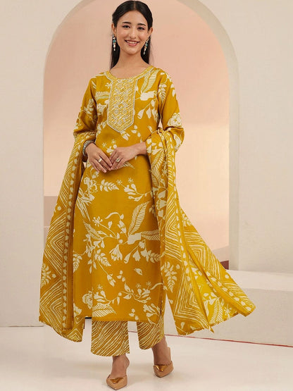 Mustard Floral Printed Cotton Blend Straight Suit Set