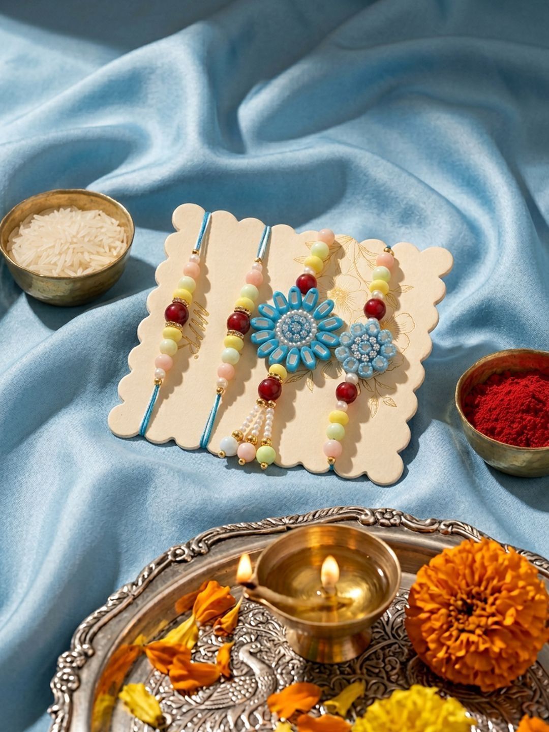 Dhiyona Set Of 4 Family Pack Beaded Thread Rakhi With Roli Chawal Chandan Mishri