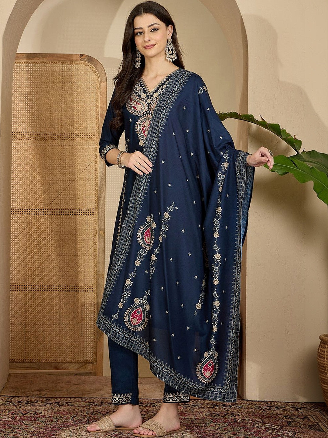 Embroidered V- Neck Straight Kurta & Trousers With Dupatta
