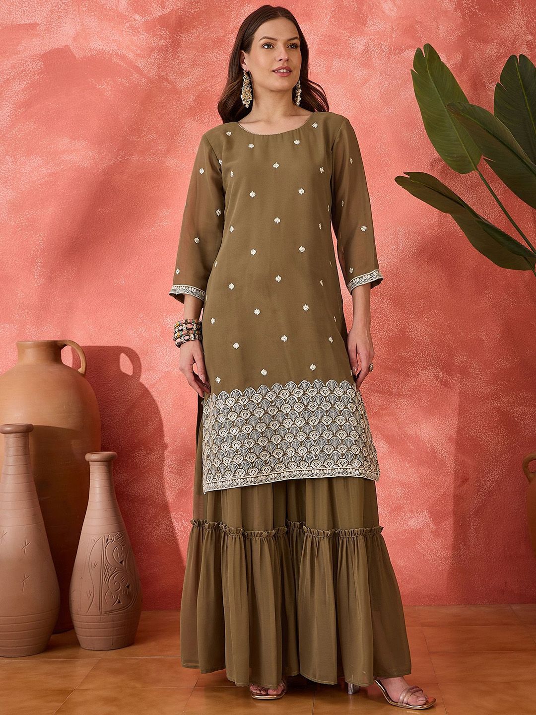 Dhiyona SN Ethnic Motifs Embroidered Straight Kurta & Sharara With Dupatta