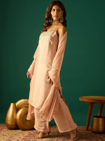 Dhiyona VA Women Embroidered Regular Beads and Stones Kurta with Palazzos & Dupatta