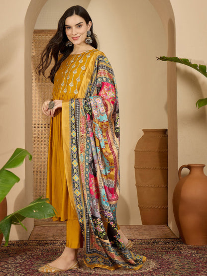Floral Embroidered Pleated Thread Work Kurta With Trousers & Dupatta