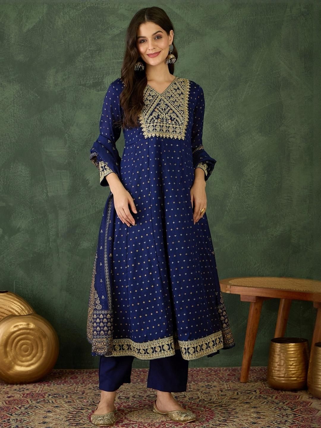 Dhiyona KL Women Blue Art Silk Embroidered Republic Day Republic Day Kurta Sets