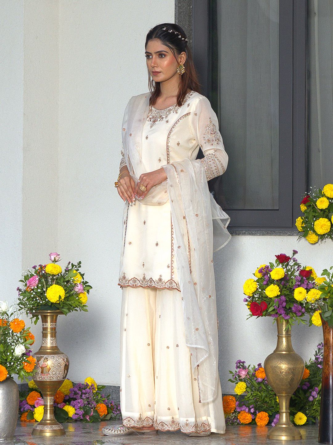 Dhiyona CH Georgette Embroidered Kurta Set With Sharara & Dupatta