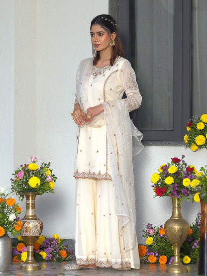 Dhiyona CH Georgette Embroidered Kurta Set With Sharara & Dupatta