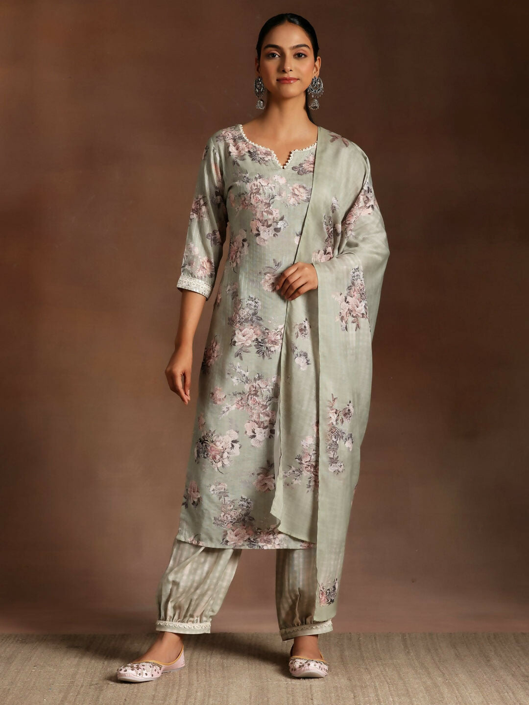 Women's LB Green Printed Cotton Straight Suit With Dupatta