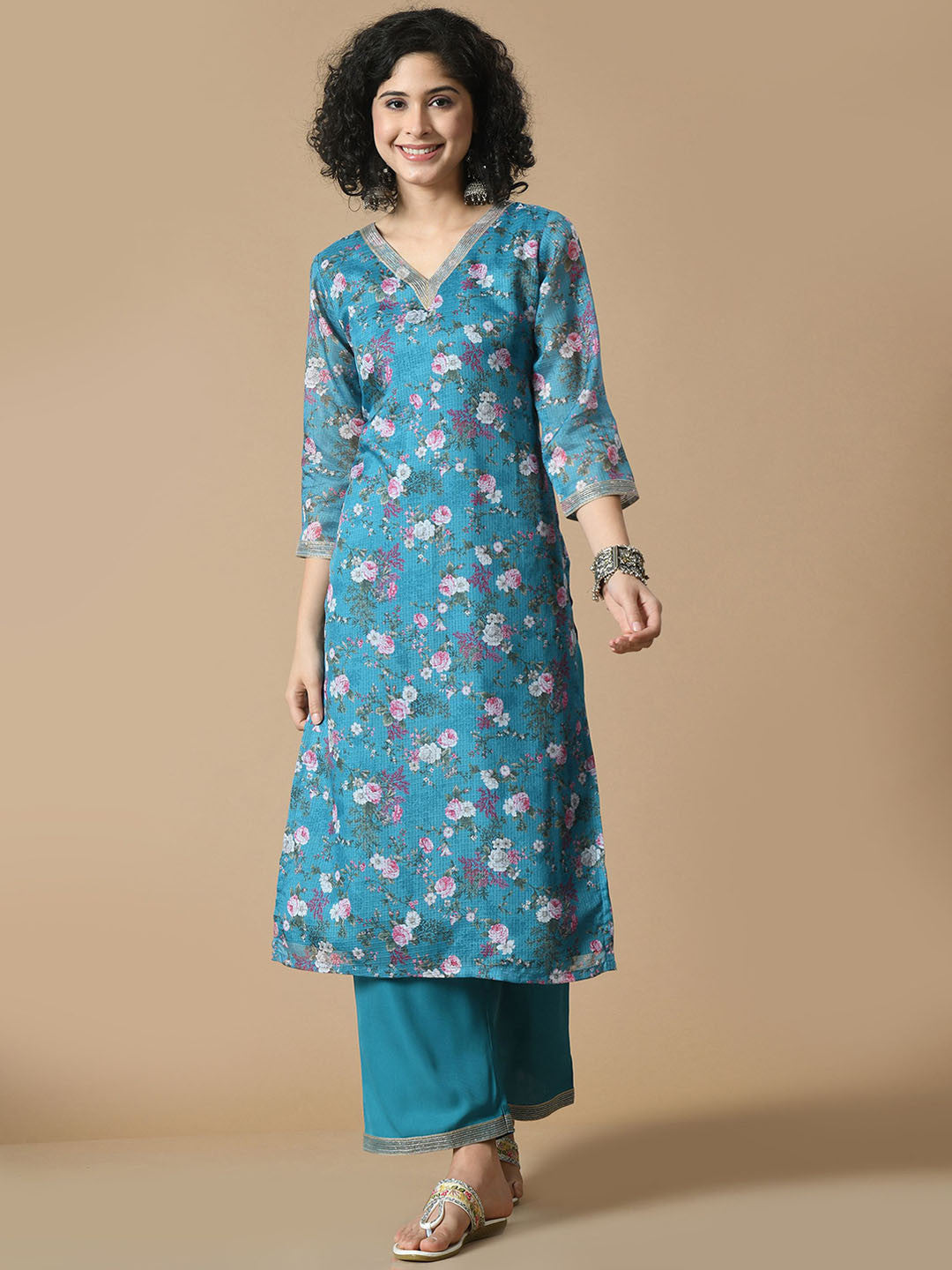 Dhiyona SN Floral Printed V Neck Straight Kurta With Palazzo