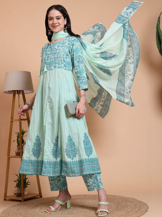 Dhiyona KL Women Floral Printed Panelled Pure Cotton Kurta with Trousers & With Dupatta