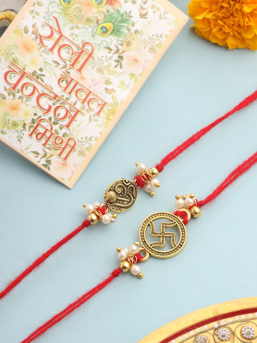 Dhiyona Pack Of 2 Swastik Desgin Bhaiya Bhabhi Rakhi With Roli Chawal Chandan Mishri