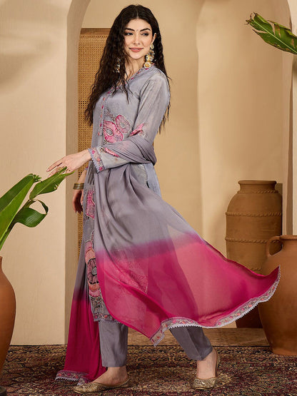 Simmar Floral Printed V-Neck Thread Work Simmar Silk Kurta With Trousers & Dupatta