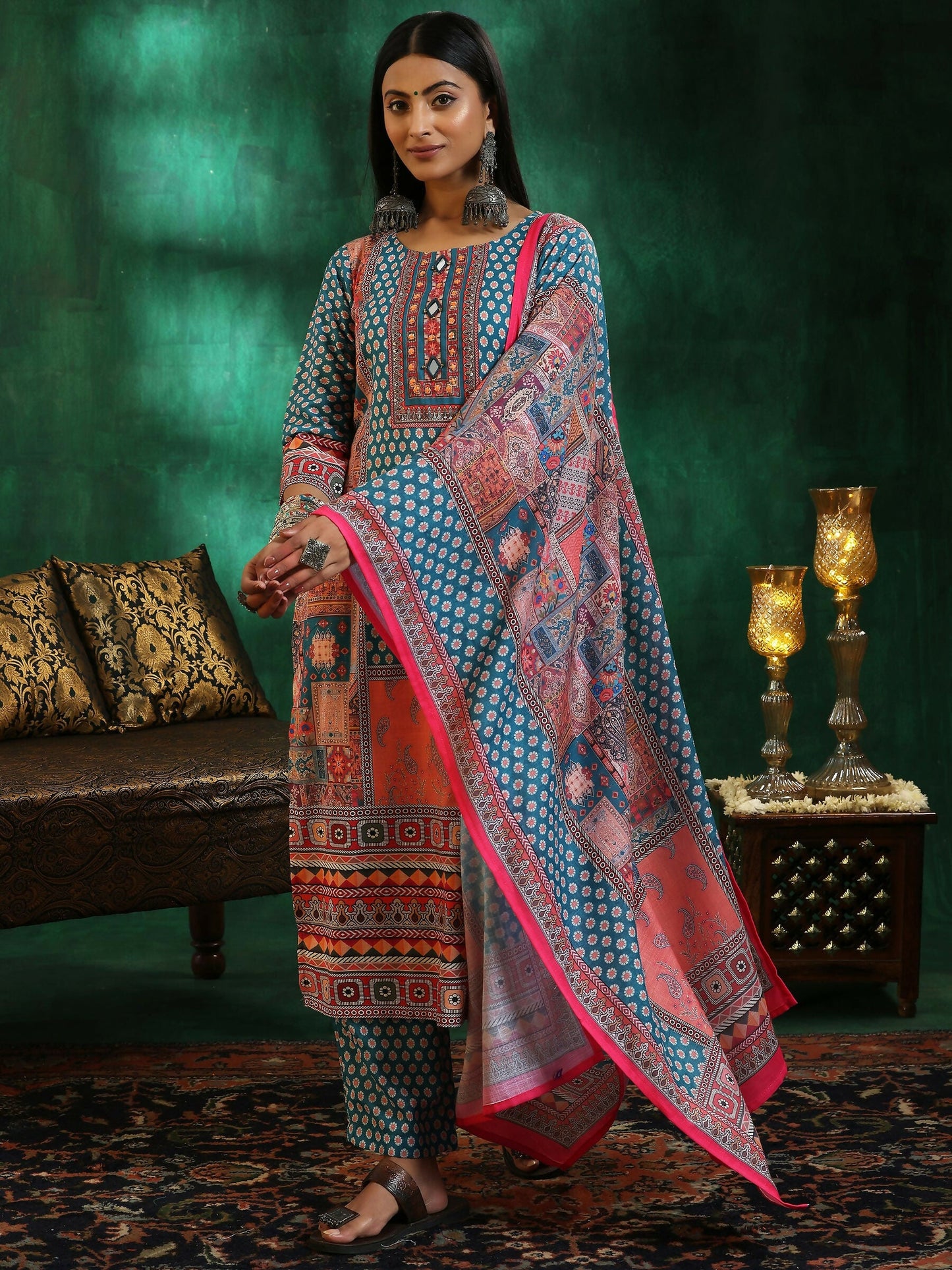 Women's LB Multicoloured Printed Linen Straight Suit With Dupatta