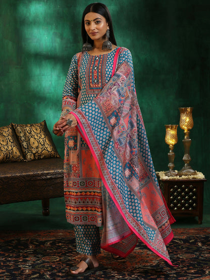 Women's LB Multicoloured Printed Linen Straight Suit With Dupatta