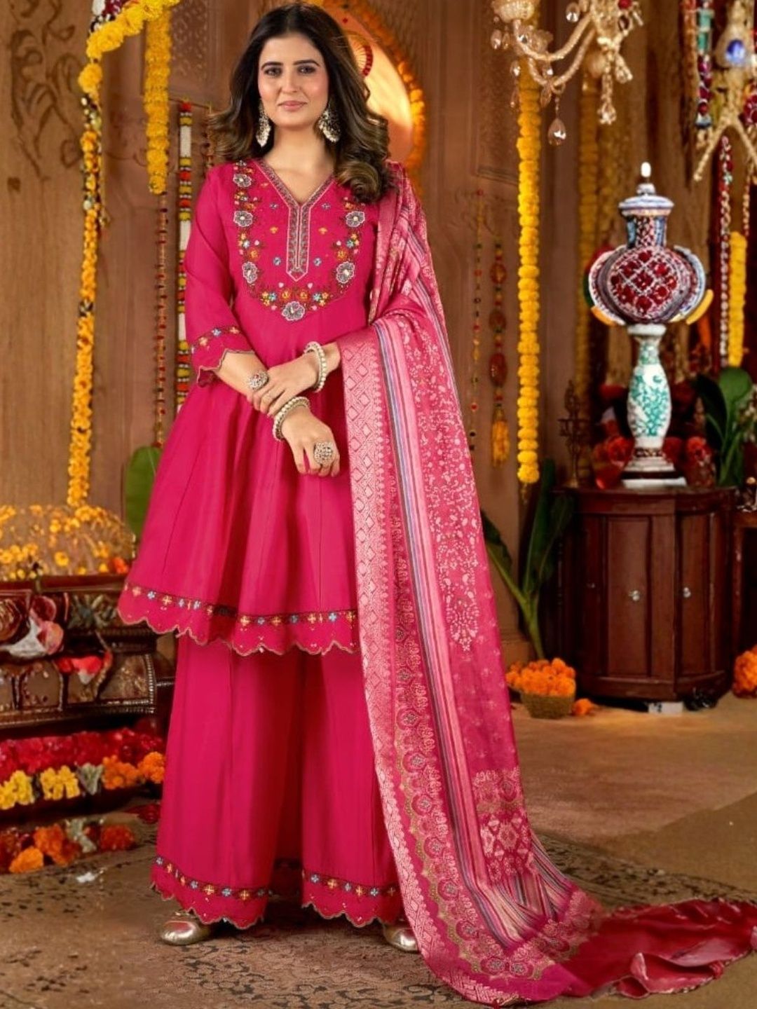 Dhiyona KL Women Ethnic Motifs Embroidered Tiered Thread Work Pure Silk Kurta with Palazzos & With Dupatta