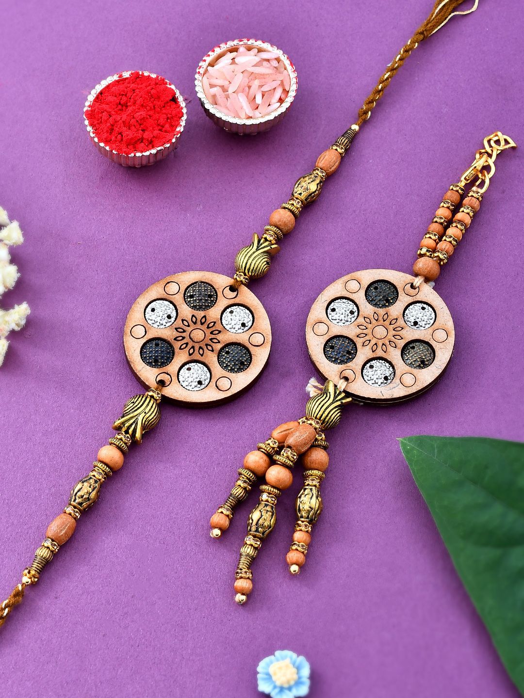 Dhiyona Set Of 2 Brown Beaded Rakhis With Roli Chawal & Greeting Card
