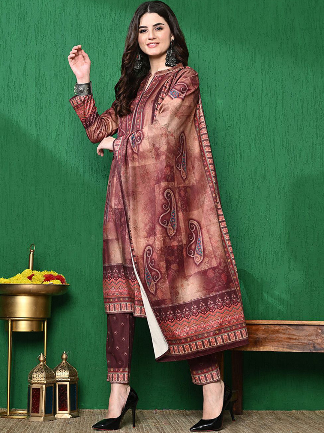 Paisley Printed Winter Velvet Straight Kurta & Trouser With Dupatta