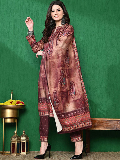 Paisley Printed Winter Velvet Straight Kurta & Trouser With Dupatta