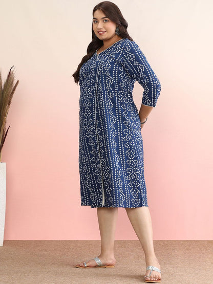 Dhiyona AY Women's Plus Size Geometric Printed V-Neck Pure Cotton A-Line Dress