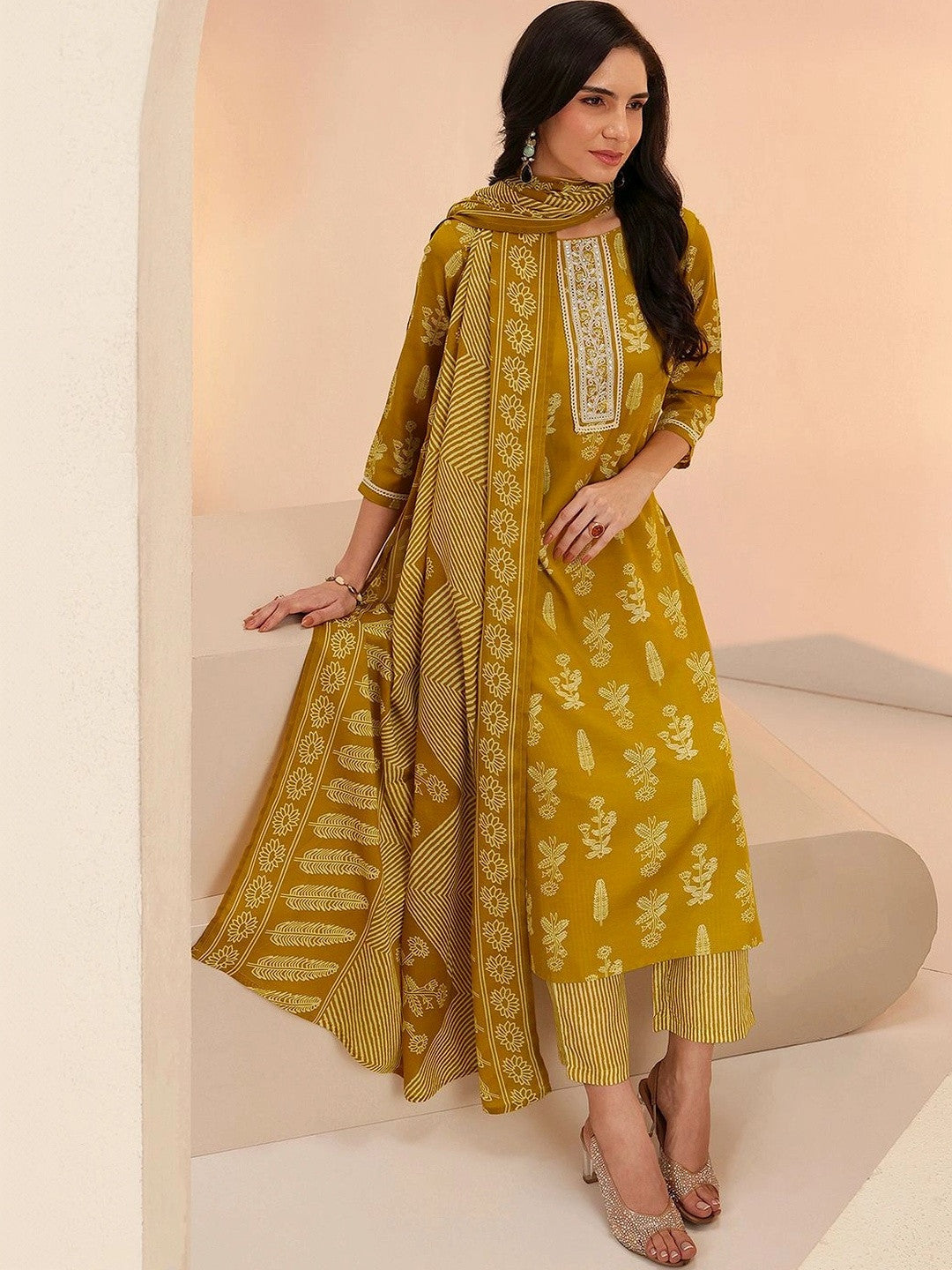 Mustard Floral Printed Cotton Blend Straight Suit Set