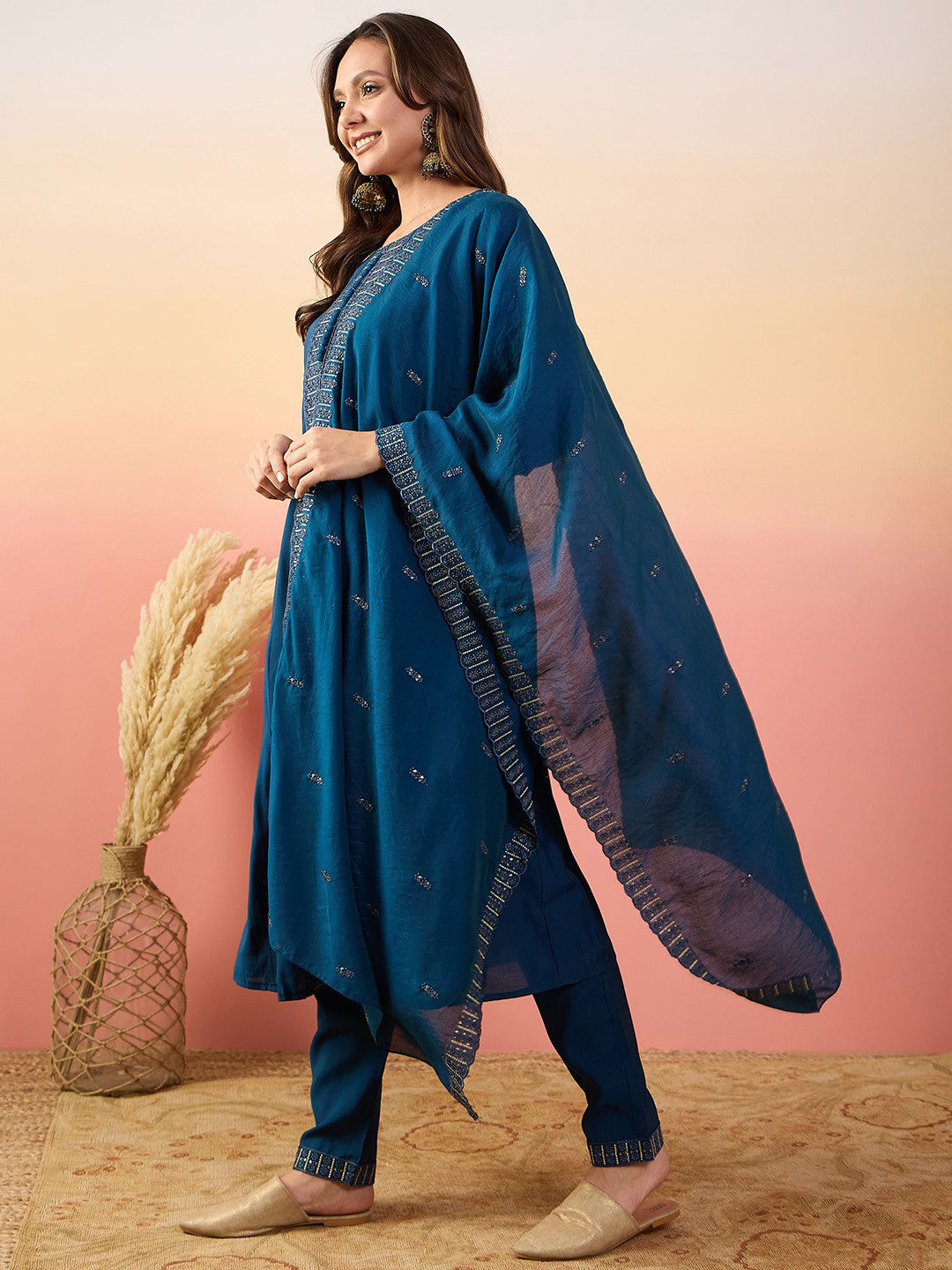Embroidered A-Line Kurta Set With Dupatta