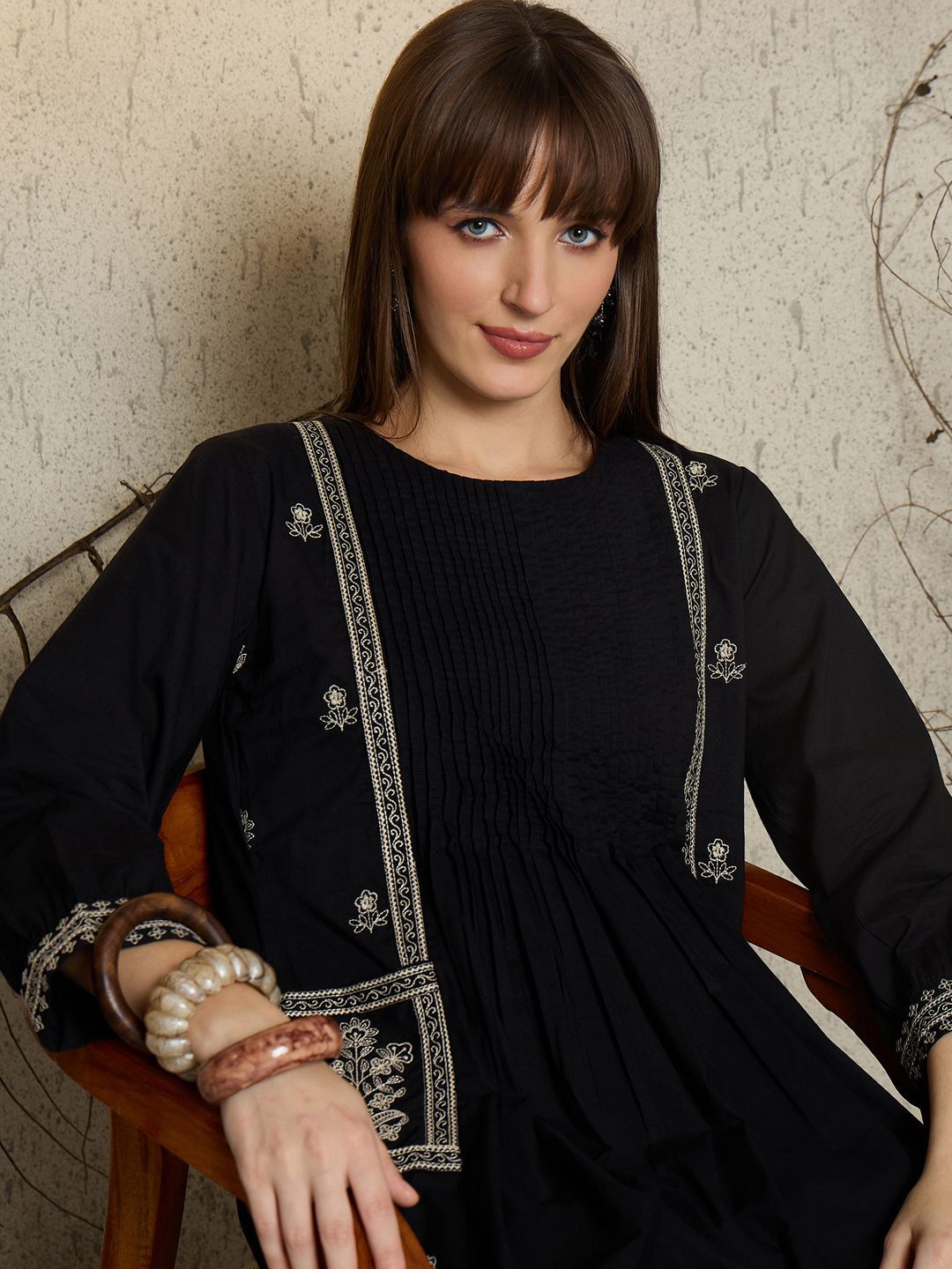 Dhiyona IE Women Embroidered Round Neck Cotton Top and Trousers Co-Ords
