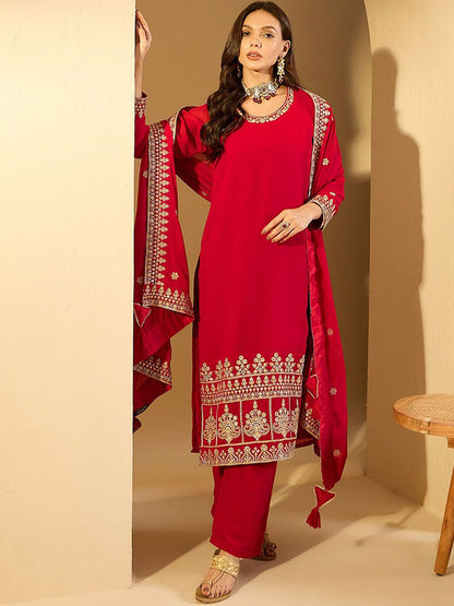 Dhiyona IN Women Ethnic Motifs Embroidered Regular Kurta with Palazzos & With Dupatta