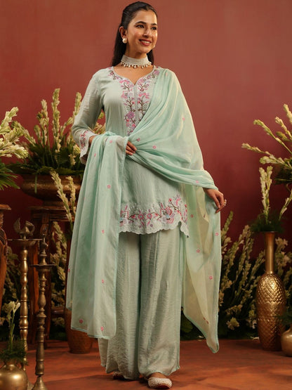 Dhiyona SC Women Embroidered Sea Green Mul Chanderi Embroidered Sharara Set