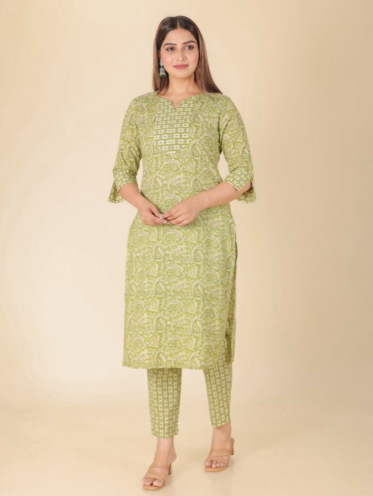 Women's Straight Soft Cotton Floral Print Women's Kurta Set - Green