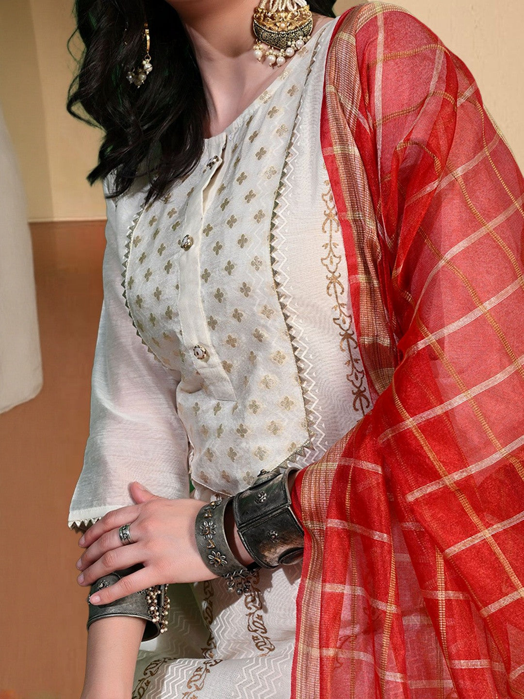Ethnic Motifs Woven Design Zari Chanderi Cotton Kurta With Trousers & Dupatta
