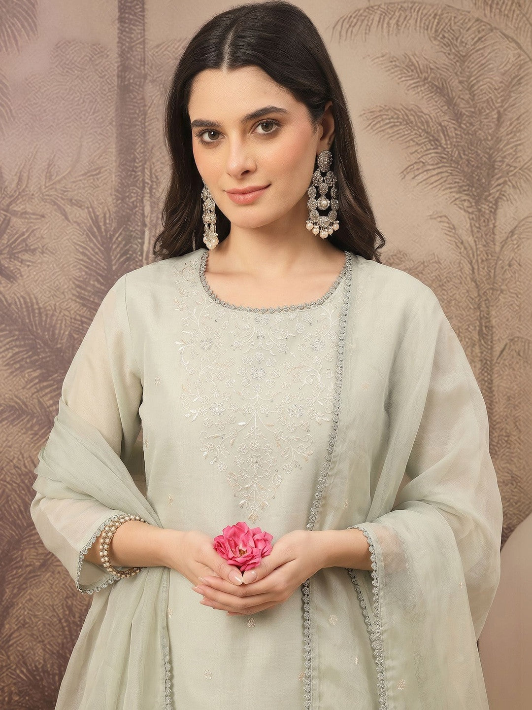 Embroidered Silk Blend Round Neck Kurta & Trousers With Dupatta