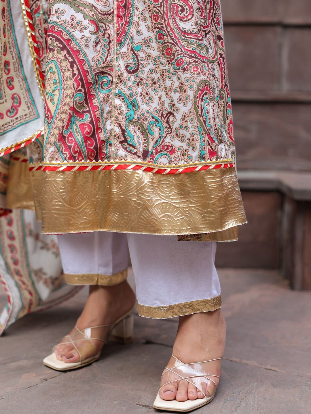 Dhiyona RR Women's Paisley Printed Gotta Patti Pure Cotton Kurta with Trousers & Dupatta
