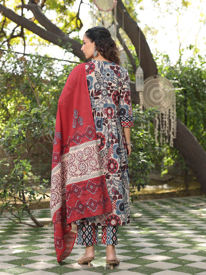 Dhiyona RR Women's Ethnic Motifs Printed Pure Cotton Kurta with Trousers & Dupatta