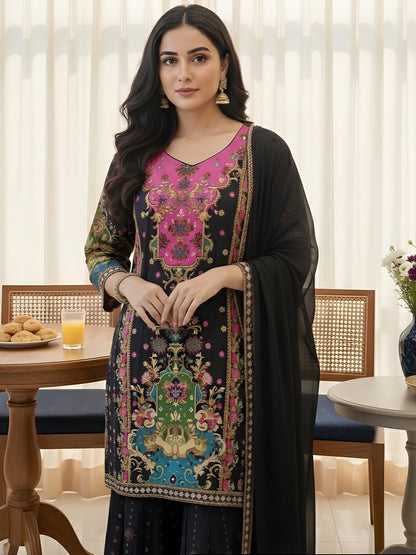 Dhiyona AN Women Ethnic Motifs Printed Panelled Gotta Patti Silk Crepe Kurta with Sharara & With Dupatta